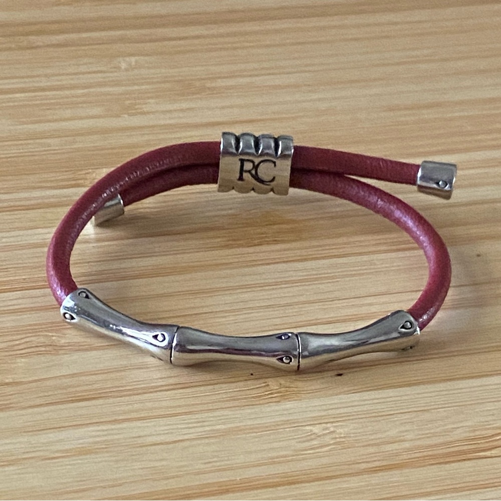 Rustic Cuff  Cheri Slide Crimson Leather & Bamboo Silver Tone Bracelet